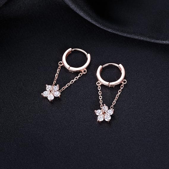 Reffeer 925 Sterling Silver CZ Flower Drop Earrings Chain for Women Flower Hoop Earrings Huggie