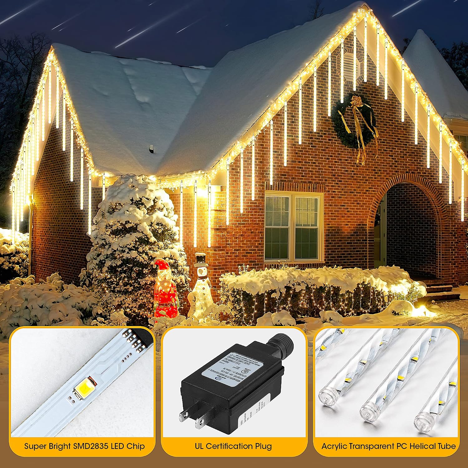 PGFUN Meteor Shower Rain Lights 12.2 inch 12 Tubes 288 LEDs Christmas Snow Falling Icicle LED String Lights Cascading Lighting for Halloween Wedding Garden Trees Patio Decoration (White)