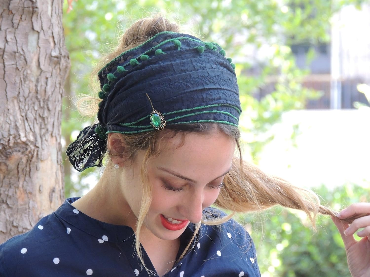 Sweet Headband Tichel Headscarf Half Hair Covering Headband One Size Blue Green