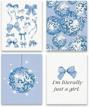 4Pcs Preppy Pink Wall Art Prints 15x20cm Aesthetic Room Photos Decor Posters with Bow Cherry Disco Ball Unframed Canvas Pictures Cute Coquette Gift Set for Teen Girls Bedroom Dorm Living Room Blue E