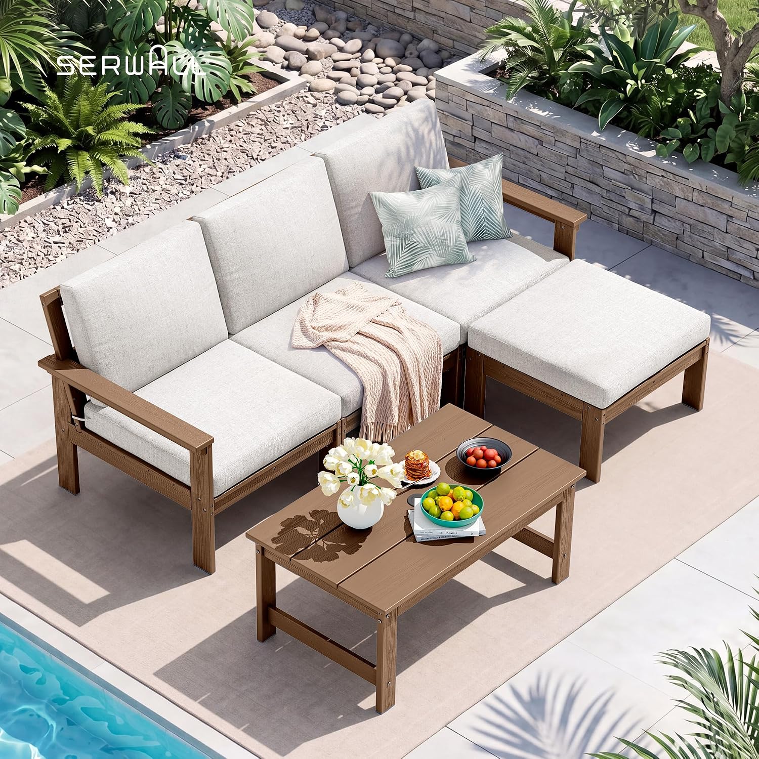 SERWALL Outdoor Ottoman with Cushions for Sofa Set, Brown HDPE Frame with Beige Cushions