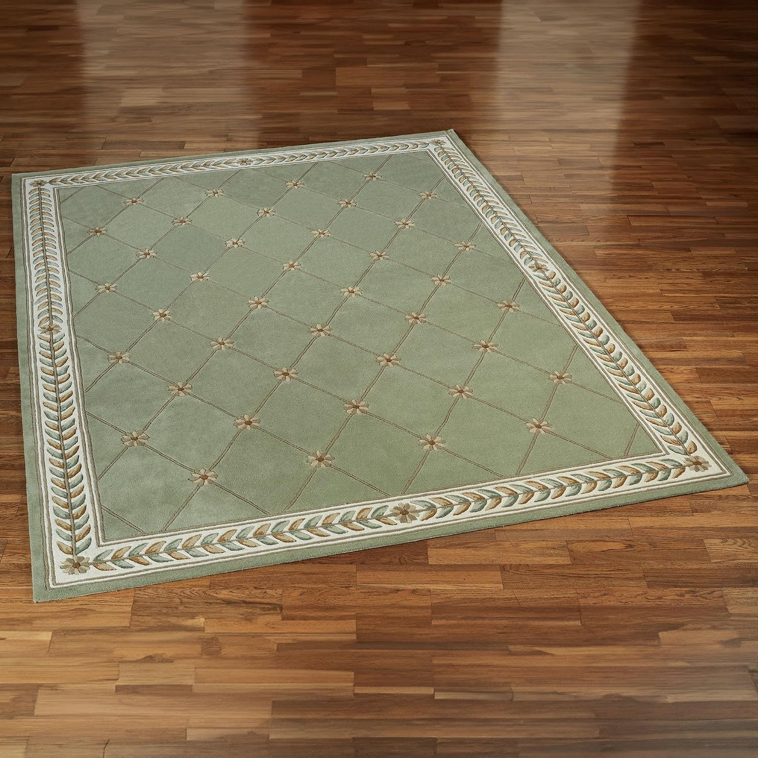 Fleurette Traditional Area Rug | 8 feet x 10 feet 6 inches | Soft Sage Green | Elegant Hand-tufted & Handcarved Pure Wool Rectangle Area Rug with Classic Diamond Latticework, Florals & Leaves