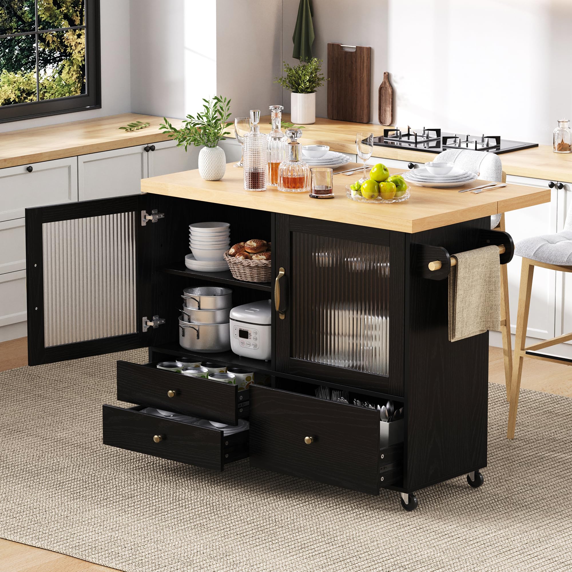 Muskel Isla de cocina móvil con mesa de comedor extensible, carrito de cocina con ruedas con soporte para copas de vino, encimera y espacio de almacenamiento, independiente para cocina, comedor y sala