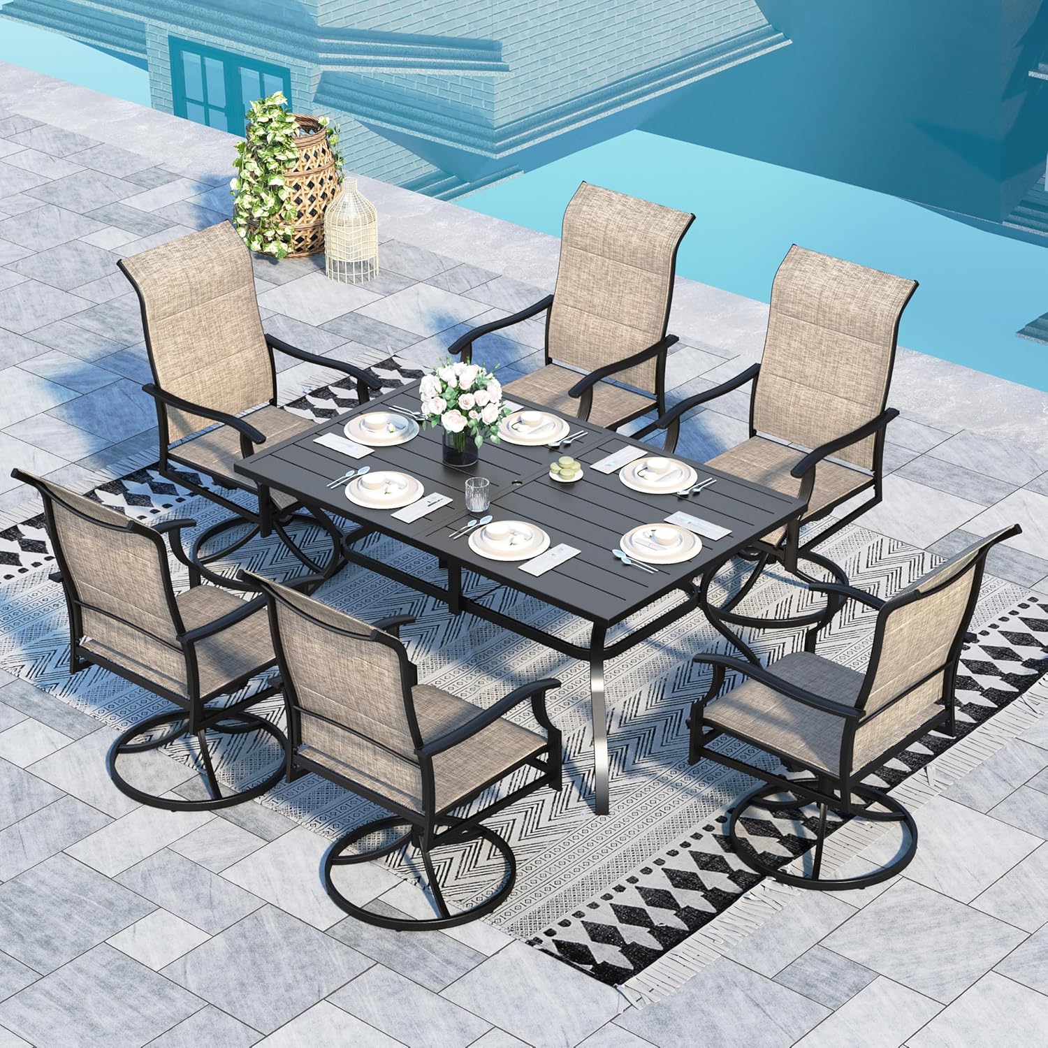 Sophia & William 7 Piece Outdoor Patio Dining Set, Patio Furniture Set with 6 Swivel High Back Patio Dining Chairs and Rectangular Metal Table, Textilene Fabric for Backyard, Poolside, Balcony