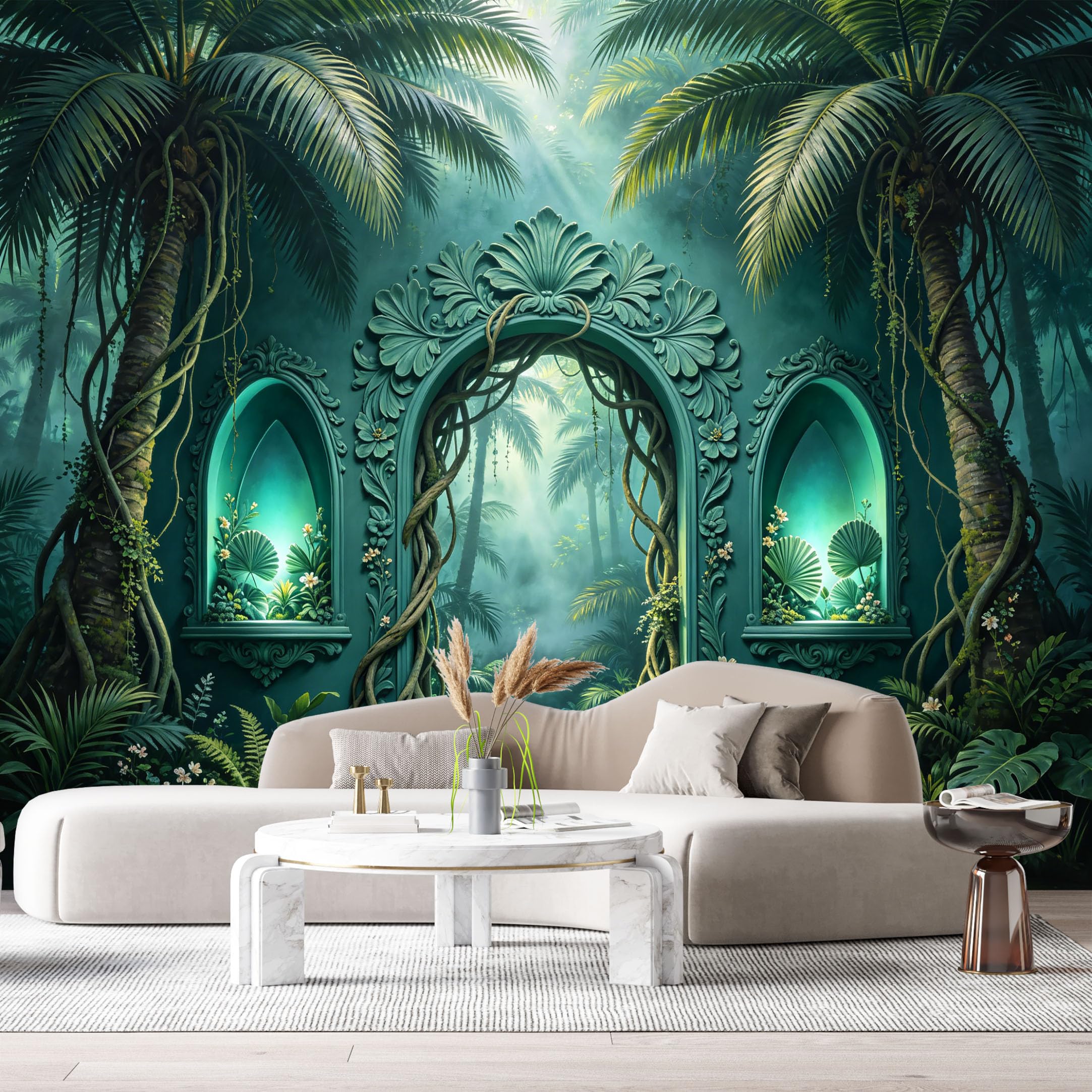 Custom Size Wall Murals Jungle Tropical Stone Archway Forest 3D Trompe L'Oeil SelfAdhesiveWall Fabric Removable Wallpaper Wall Decor for Living Room Bedroom Bathroom