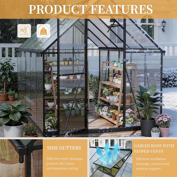 6 x 10ft Polycarbonate Greenhouse, 2026 Upgraded Large Garden Black Greenhouse with Adjustable Roof Vent, Lockable Door, Upgraded Aluminum Anti-Storm-Snow frame, Plant Grow House for Patio Backyard