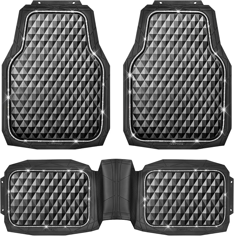 Tapete automotivo de borracha com detalhes brilhantes, recortável, tipo bandeja, preto com acabamento Silver Diamond, 3 peças CAR PASS