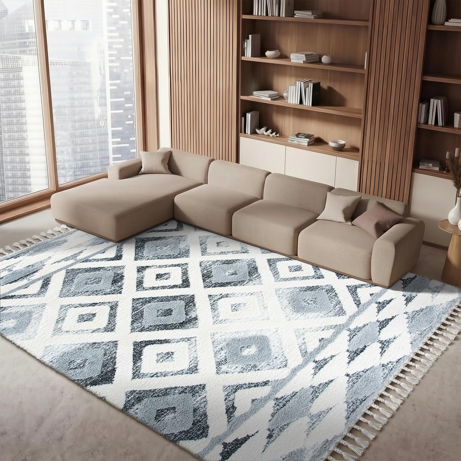 SAFAVIEH Moroccan Tassel Shag Collection Accent Rug - 3' x 5', Grey & Ivory, Boho Design, Non-Shedding & Easy Care, 2-inch Thick Ideal for High Traffic Areas in Foyer, Living Room, Bedroom (MTS661F)
