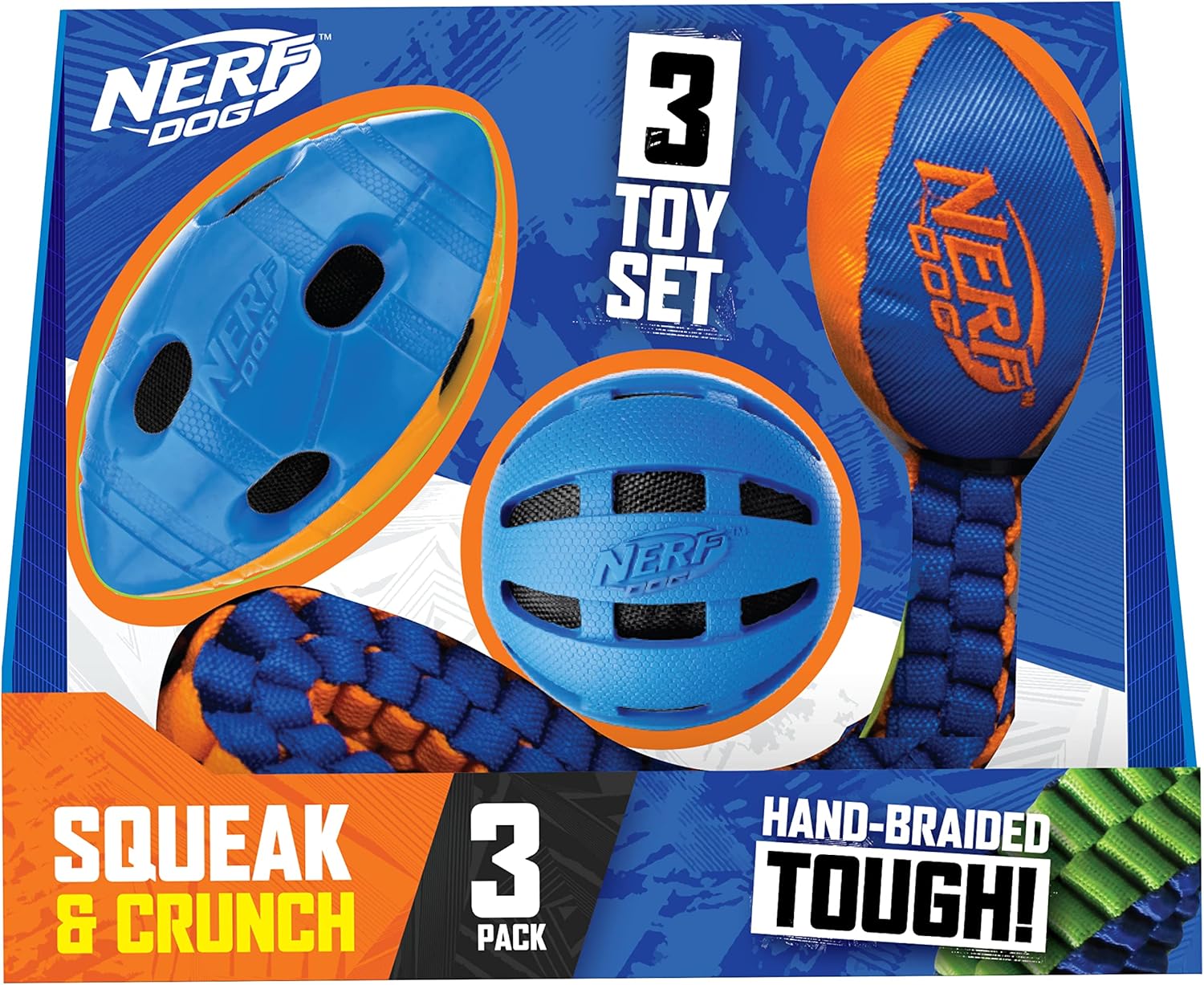 Nerf Dog Three Toy Gift Set: Crunch Ball, Tug Football, and Squeak Football Gift Set