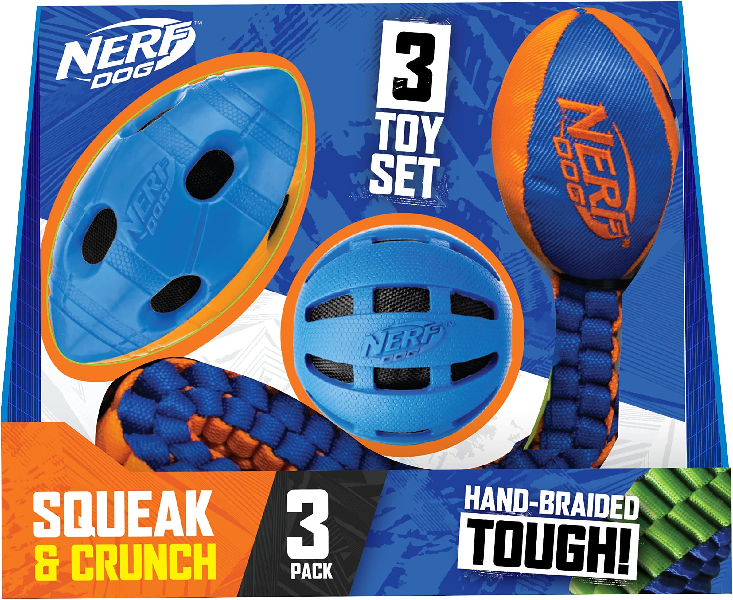 Nerf DogThree Toy Gift Set: Crunch Ball, Tug Football, and Squeak Football Gift Set
