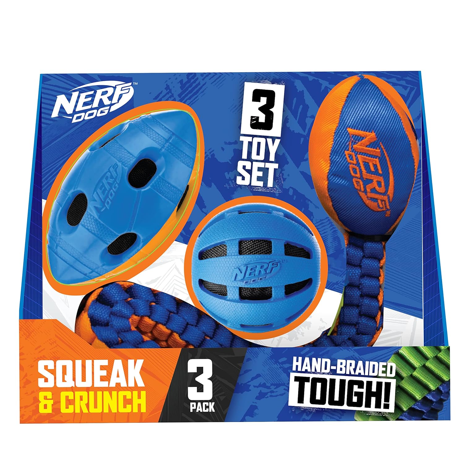 Nerf Dog Three Toy Gift Set Crunch Ball Tug Football and Squeak Football Gift Set