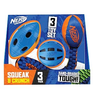 Nerf Dog Three Toy Gift Set Crunch Ball Tug Football and Squeak Football Gift Set