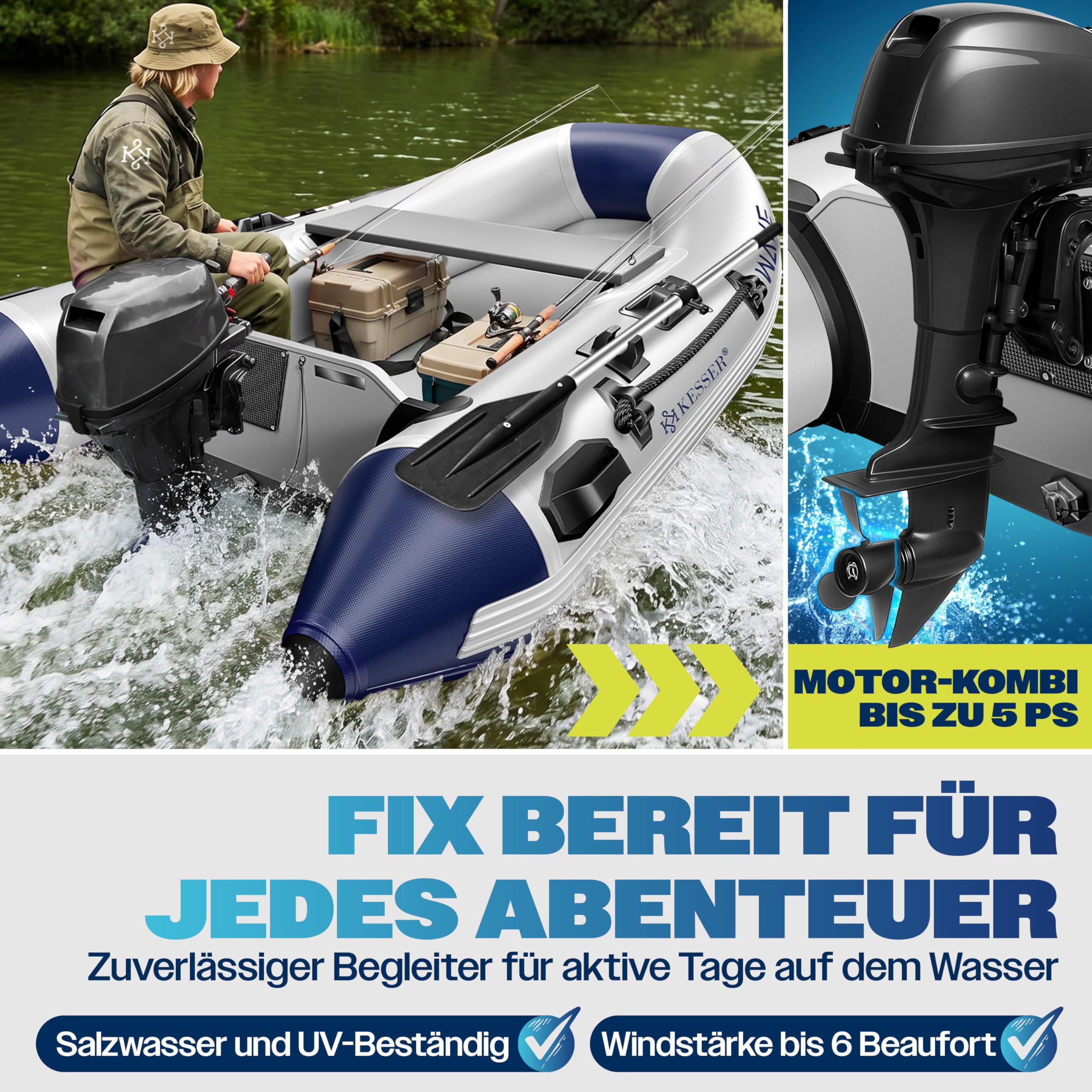 Conjunto de bote hinchable KESSER® Wave de 230-320 cm, 6 piezas inflable – Bote + banco, bomba de aire, remos, kit de reparación, bolsa, bote de pesca, bote a remo pequeño y grande - combinación con