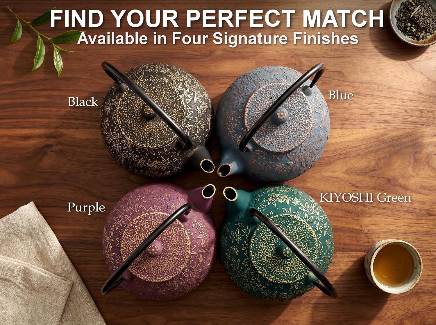 40 Oz Blue Maple Leaf Cast Iron Teapot, Enamel Interior, Infuser & Trivet