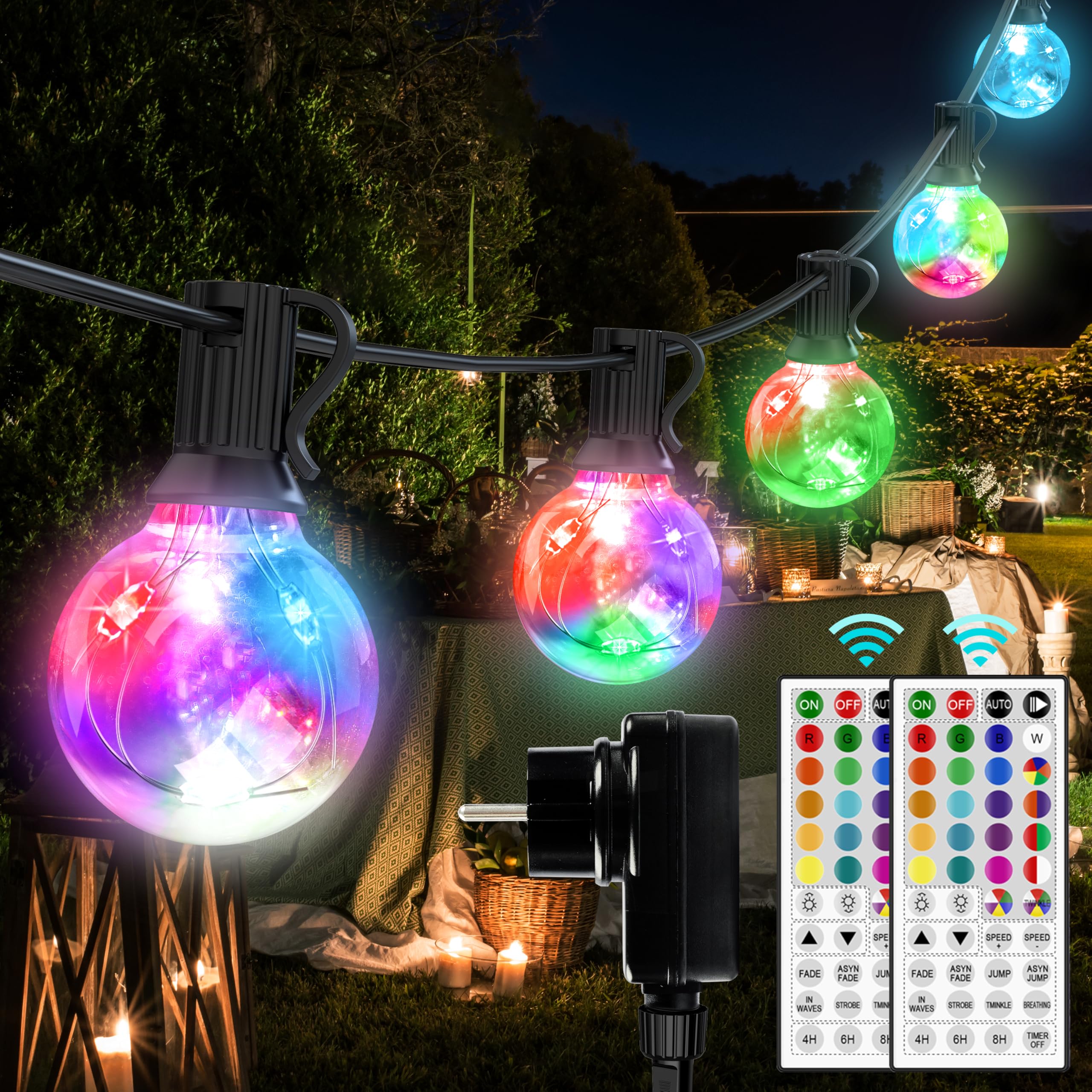 50 LED Lichterkette Außen Bunt, Lichterkette Außen Strom, 15M 24 Farben Wasserdicht IP65 G40 Glühbirnen Beleuchtung mit RGB Fernbedienung für Outdoor Weihnachten Garten Hof Hochzeit Party Balkon Deko
