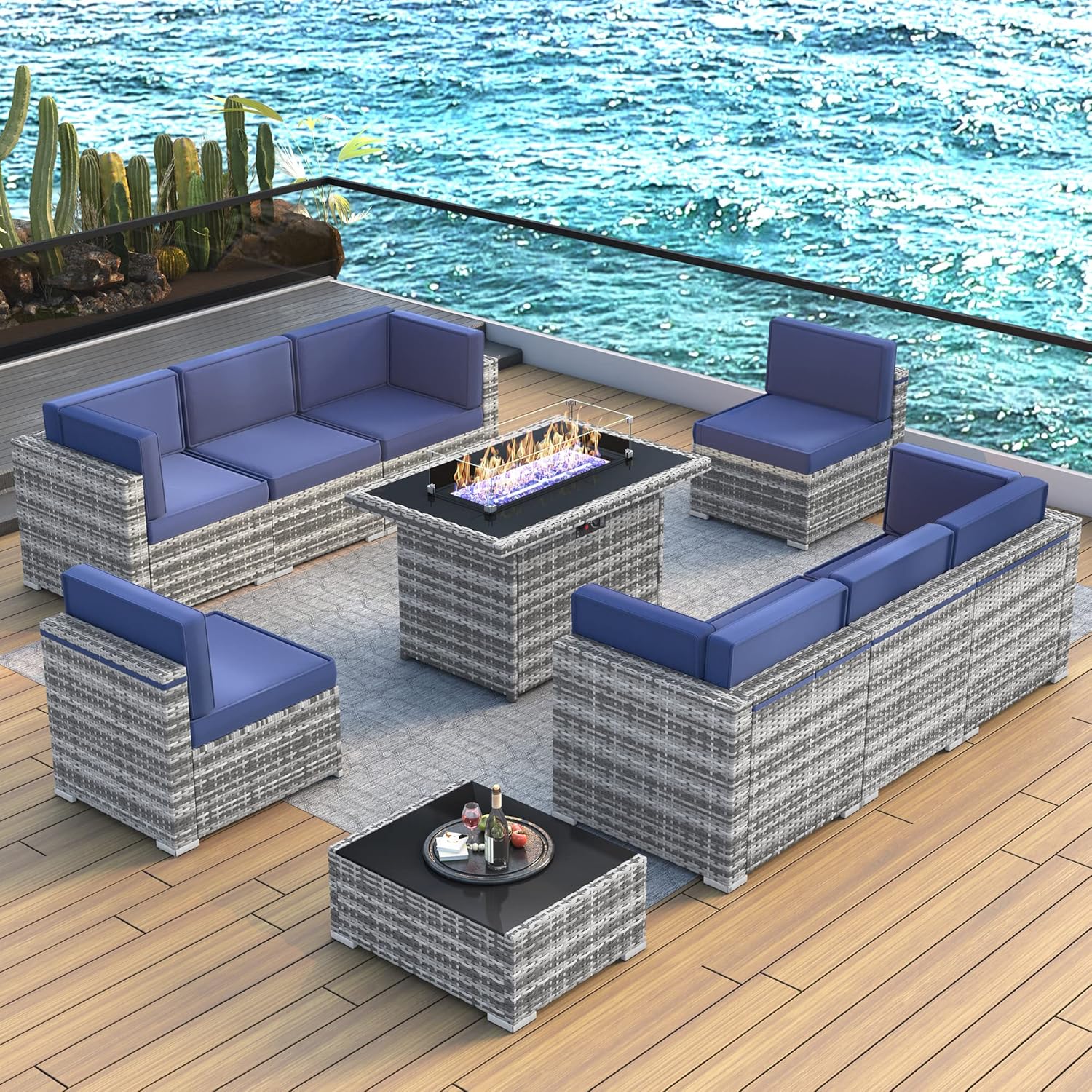 LayinSun 10 Piece Patio Furniture Set with 44" Propane Gas Fire Pit Table, Outdoor