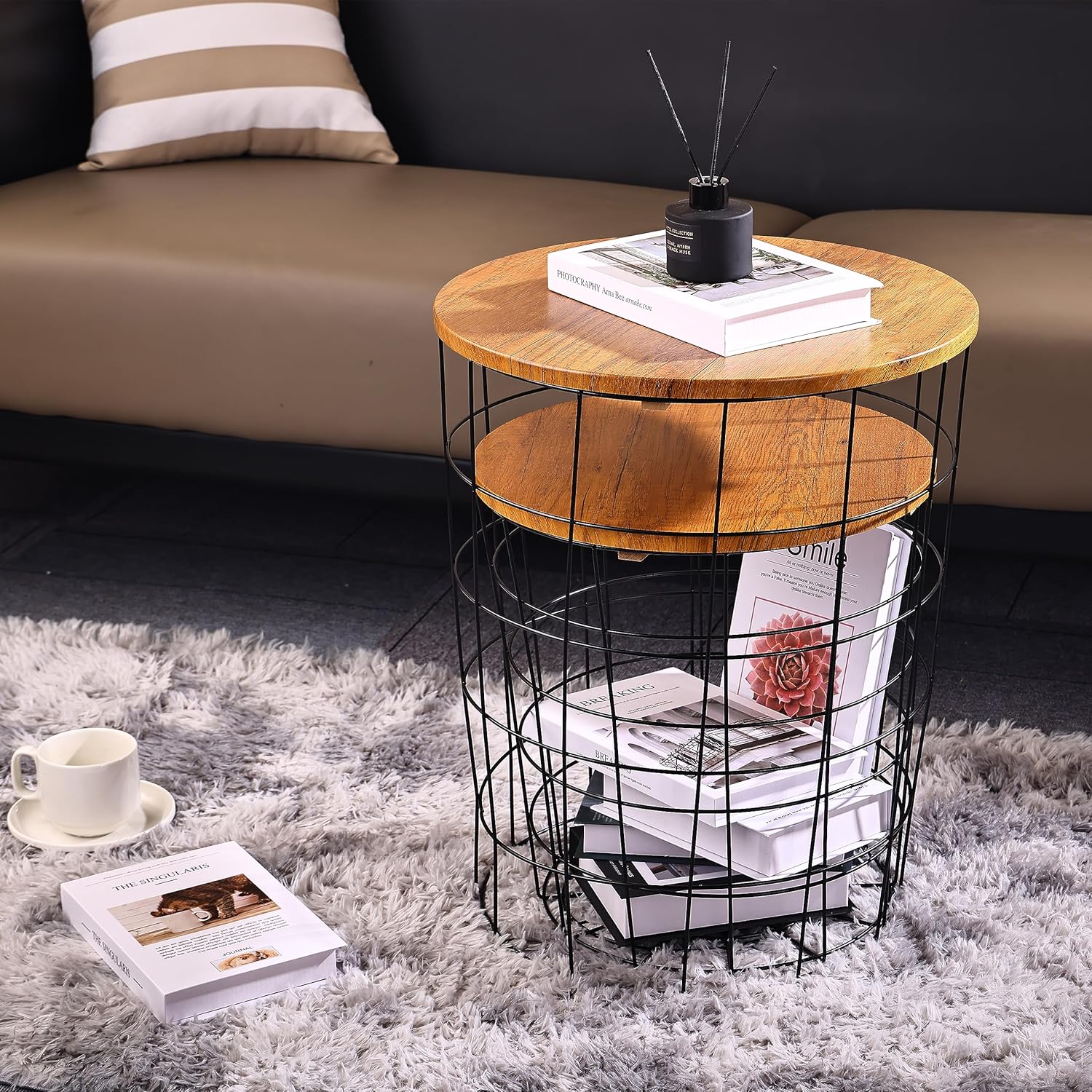 elevon wire basket base with wood tops side table set of 2, brown