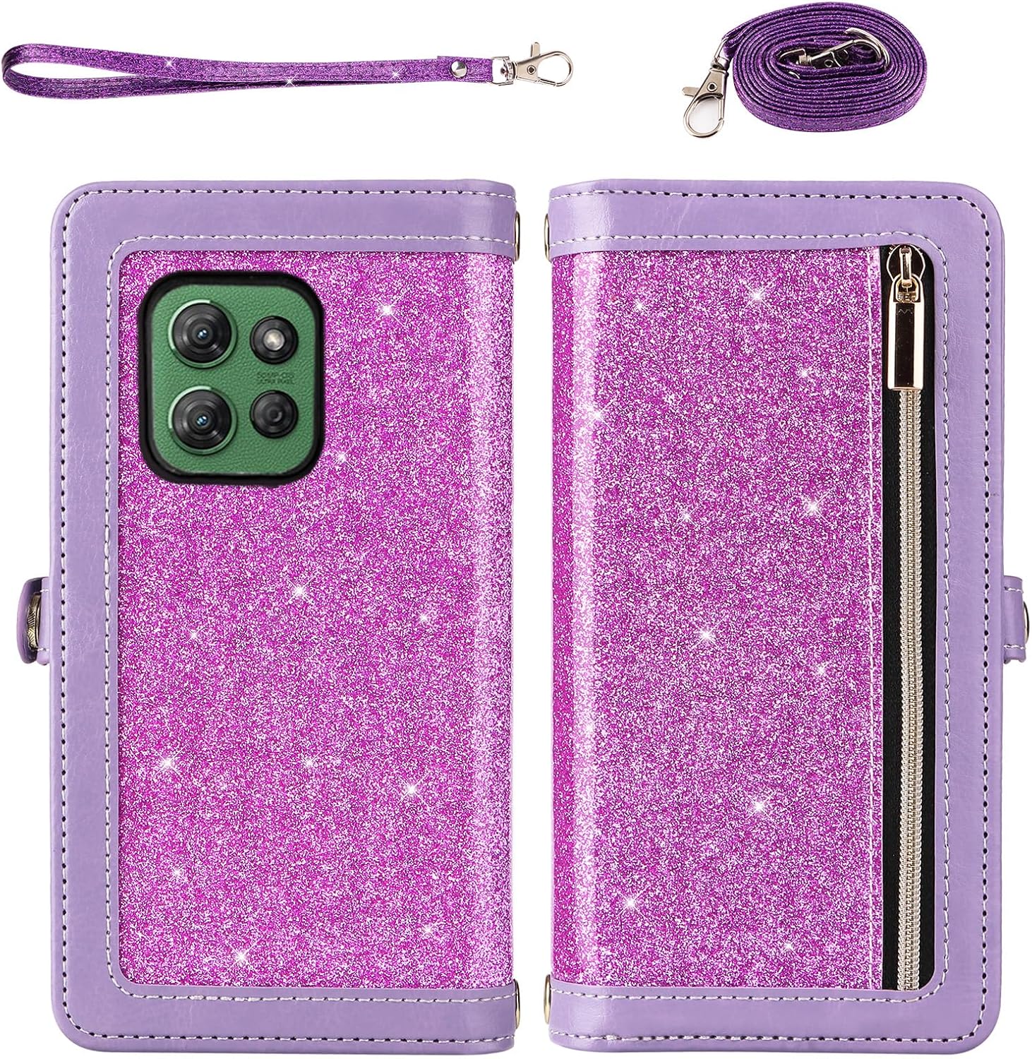 Asuwish Phone Case for Motorola Moto G Power 5G 2025 Zipper Wallet Detachable Cell Cover with Tempered Glass Screen Protector Strap Bling Glitter Flip Card Holder Slot XT2515-1 Women Men Girls Purple