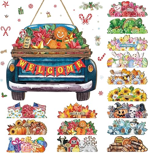 Miniatura 8 de Kigley Letrero de bienvenida intercambiable de temporada para puerta delantera, granja, camión, decoración rústica de vacaciones con 15 iconos