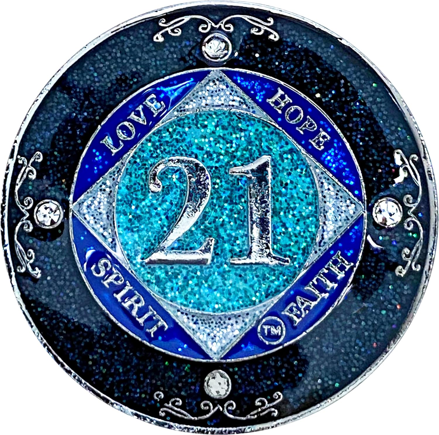Simply Minimal (Years 1-50) NA 21 Year Crystals and Glitter Medallion, Silver Color Plated Coin, Black Rainbow, Blue Glitter and Four Clear Crystals, Epoxy Covered (NA 21 Years Clean Time)