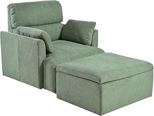 Oversized Accent Chair with Storage Ottoman, Lounge Armchair with 2 Arm Pillows, Indoor for Living Room and Bedroom, Green