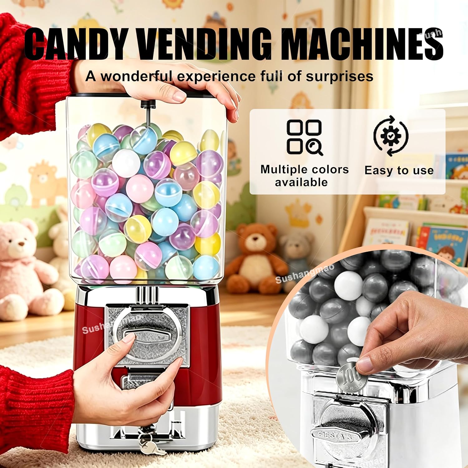 Candy Vending Machines, Gumball Machine for Kids, Customizable for One Size 25-35mm / 1-1.38", Pure Mechanical Coin-Op – Includes 100 Balls & 50 Tokens for Home Or Game Stores White