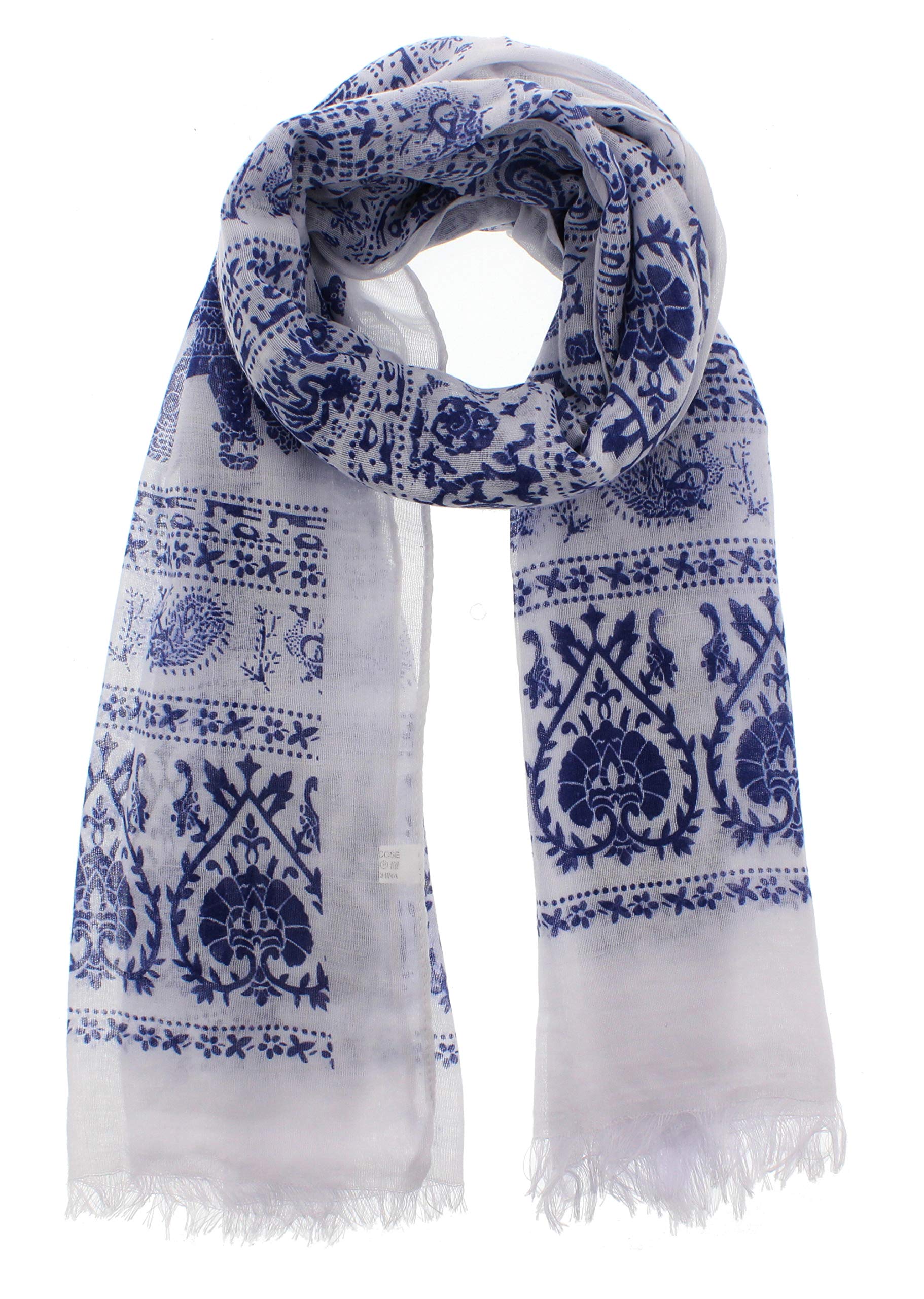 Zac's Alter Ego Women's White Long Lightweight Elephant & Paisley Print Scarf