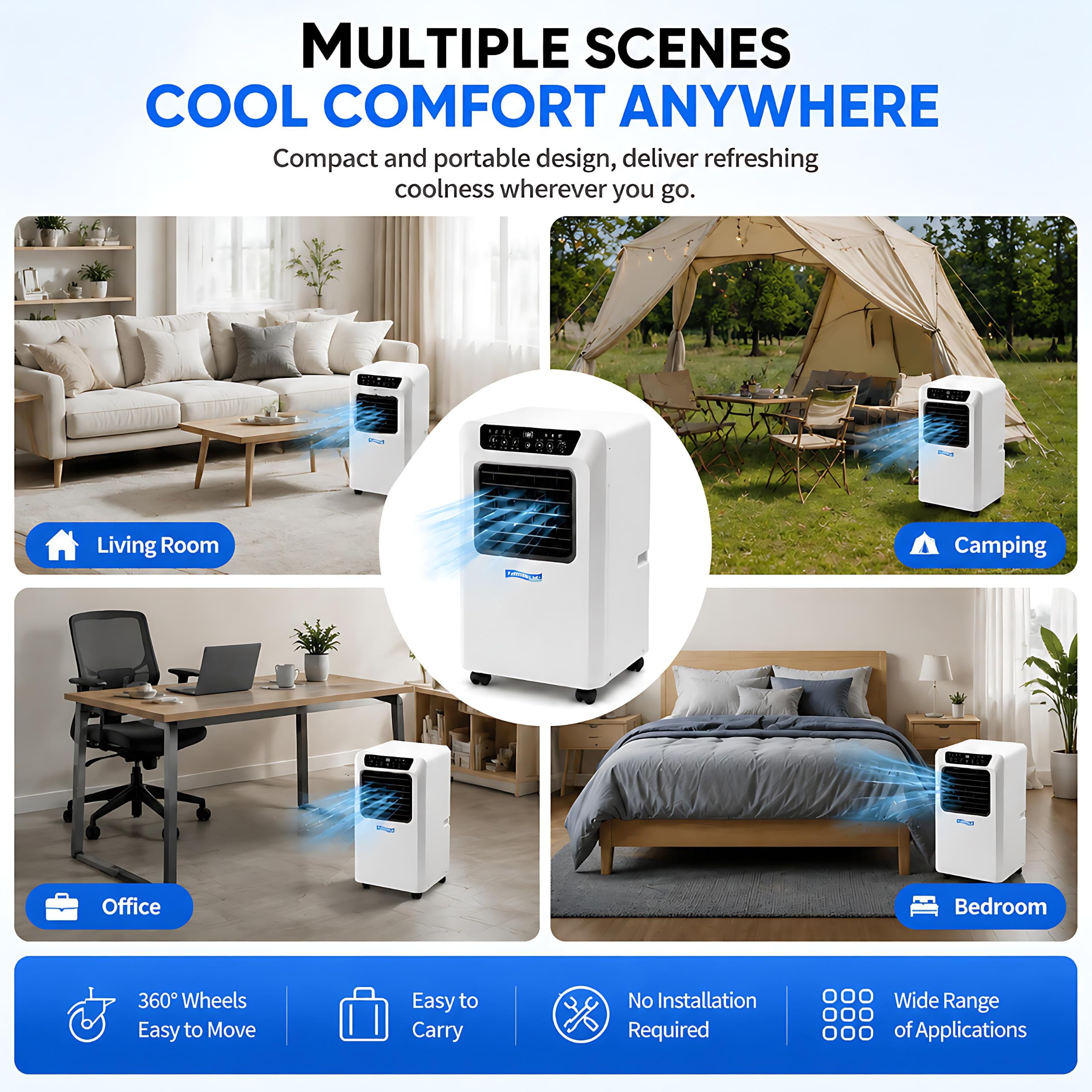 Aire Acondicionado Portátil 9000 BTU, Sistemas Frío y Deshumidificador, 3 Velocidades, Programación 12H, Kit de Sellado para Ventana, Gran Elección para Habitación y Oficina