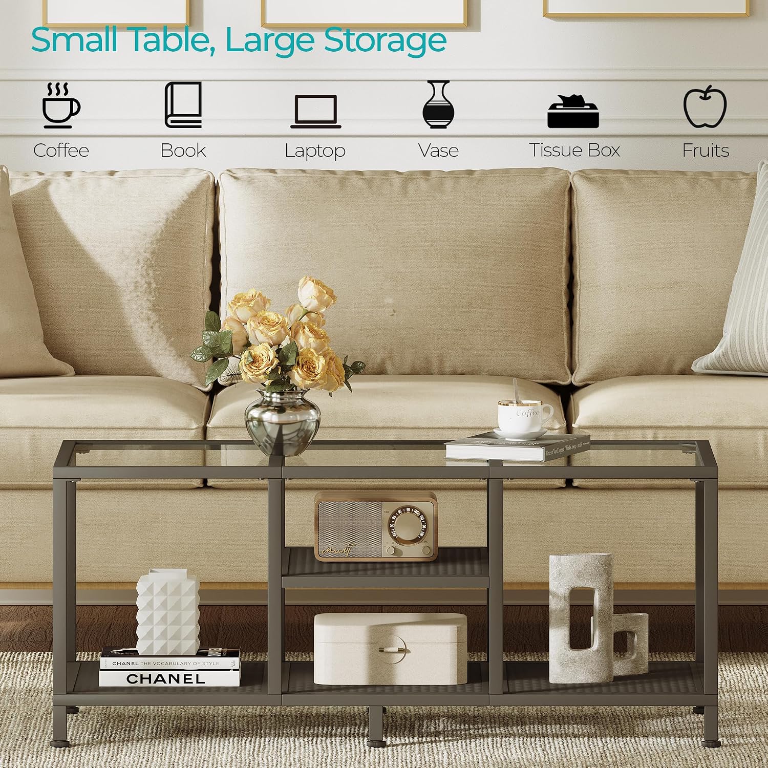 Glass Coffee Table, Minimalist Center Table for Living Room | Modern Coffee Table with Metal Frame & Open Storge, Easy Assembly, Coffee Tables for Small Space, 34.3" x 19" x 15.4", Black