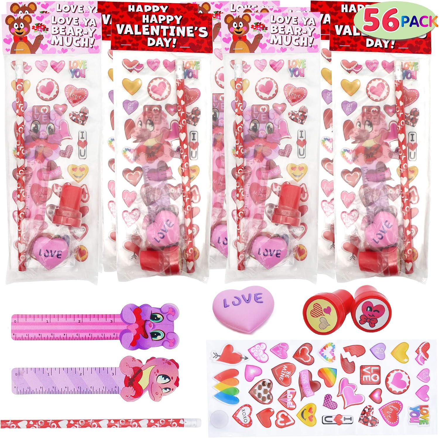 JOYIN 56 Pack Assorted Valentines Day Stationery for Kids Valentine School Classroom Exchange Gift Party Favor Supplies