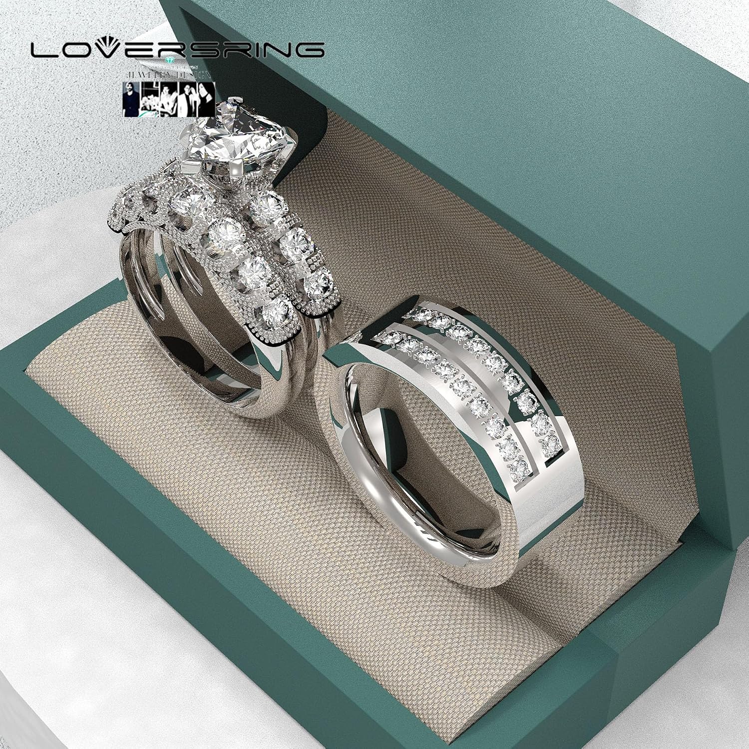 TWO RINGS Wedding Ring Sets His And Hers Promise Ring Couples Bridal Sets Women 925 Sterling Silver Heart Cut Moissanite Man Titanium Brushed Finished Wedding Band