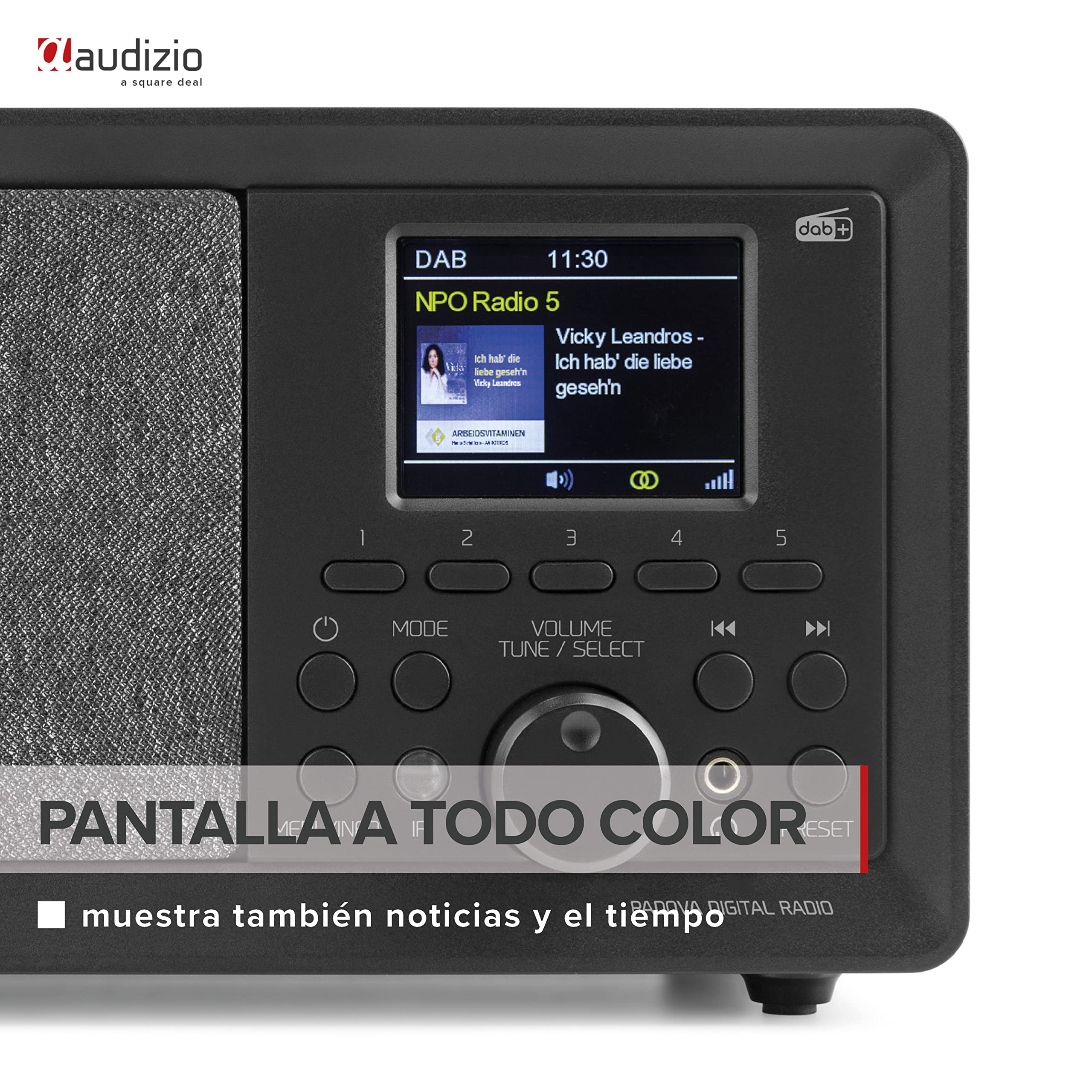 Audizio Padova, Radio compacta Retro Dab+ con Receptor FM, 40 W, Bluetooth para Streaming y Reproductor USB/MP3, DSP, Reloj Despertador, Temporizador de Apagado, Mando a Distancia - Marrón Madera