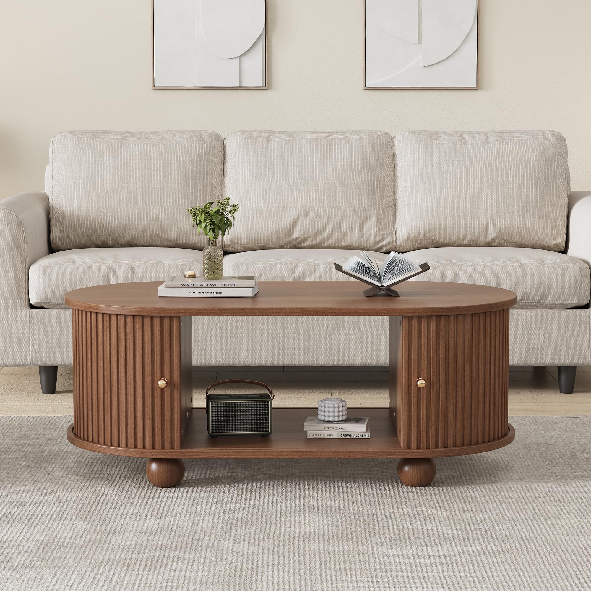Merax Couchtisch Ovaler, Modern Kaffeetisch mit Schiebetüren, Wohnzimmertisch mit Viel Stauraum, Multifunktionaler Beistelltisch Sofatisch, Platzsparendes, Landhausstil, Wohnzimmermöbel, Walnussfarbe