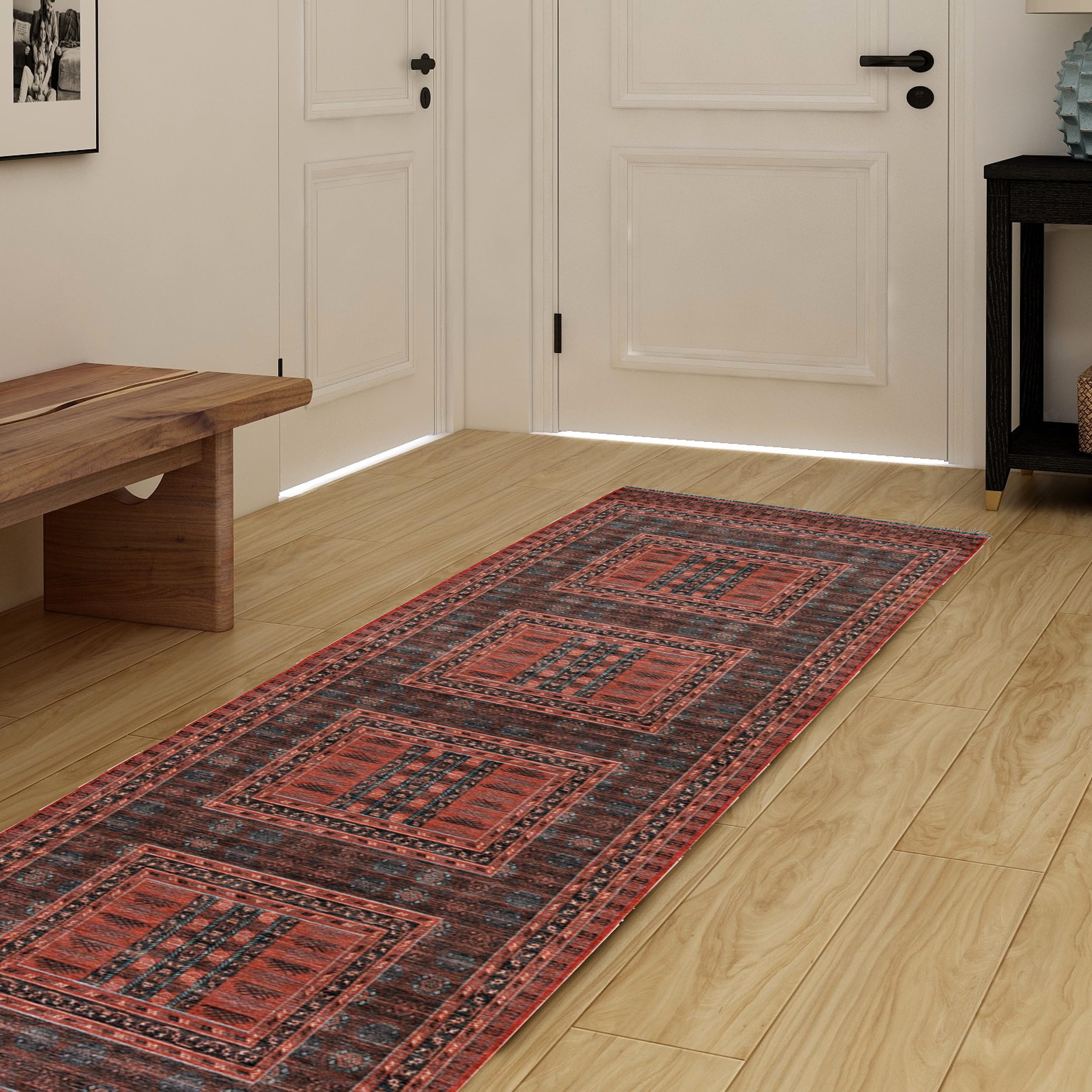 Tapis de Couloir Chenille Linon Harlow : Tissage Haut de Gamme Rouge et Noir, Design Moderne