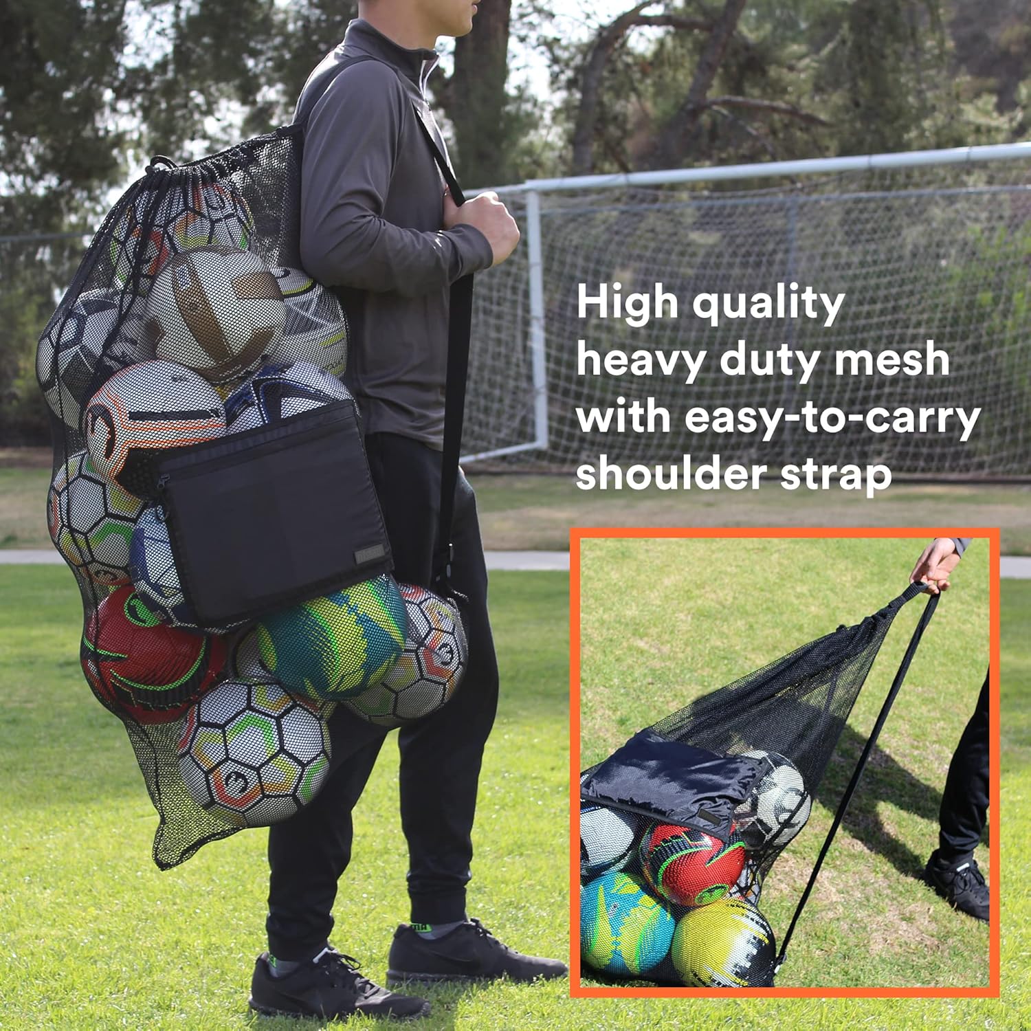 Fitdom Extra Large Heavy Duty Mesh Bag. Best for Soccer Ball, Water Sports, Beach Cloth, Swimming Gears. Adjustable Shoulder Strap. Secure Side Pocket - Image 2