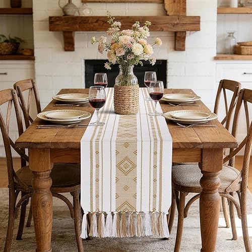 yuboo Boho Table Runner 72 Inches Long, Cream Woven Jacquard Table Runner with Tassels, Neutral Farmhouse Rustic Dresser Runner Decor for Dining Room, Bridal Shower (Geometric Moroccan)