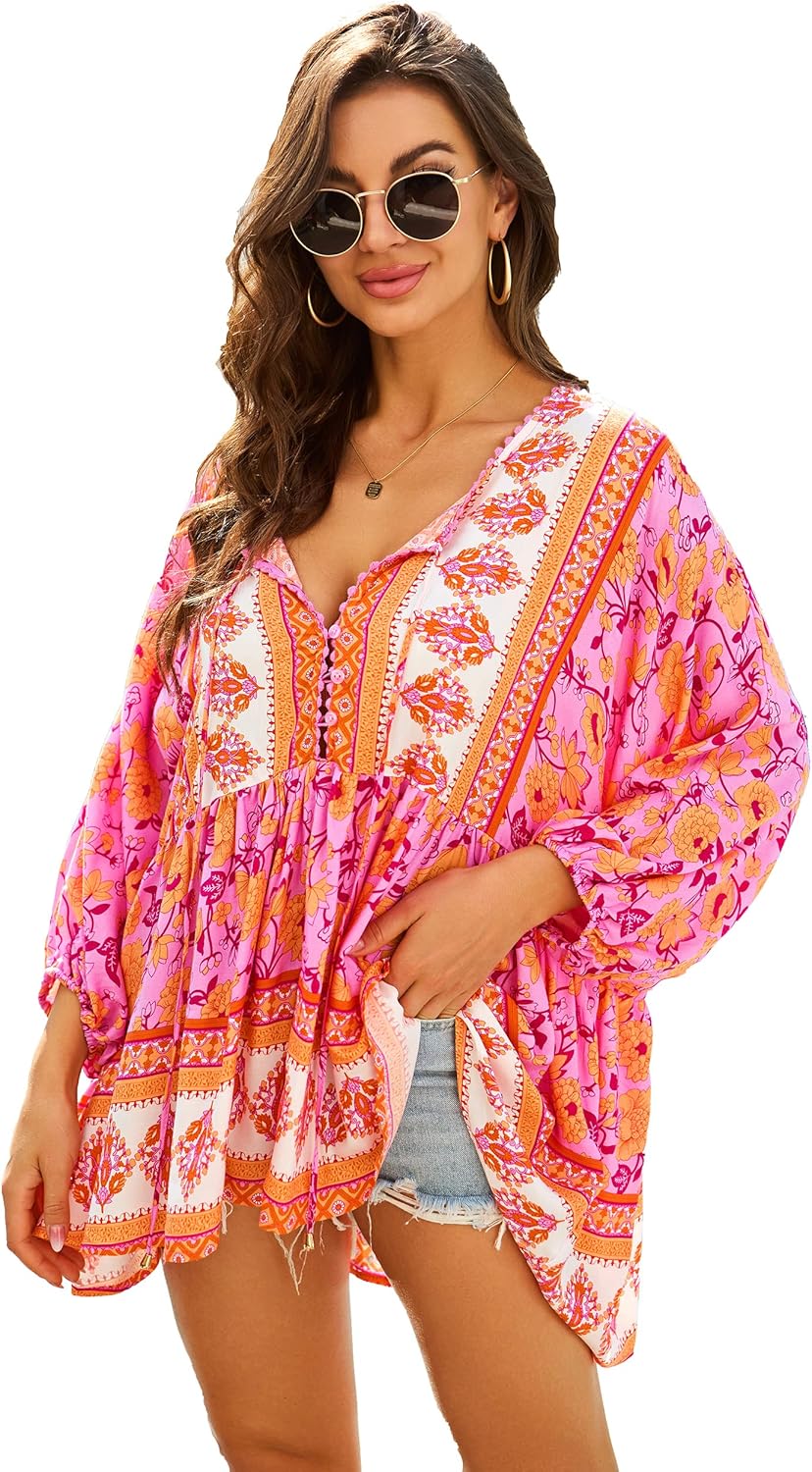 HECCPLI Women Boho V-Neck 3/4 Sleeves Tunic Top Relaxed Fit Casual Print Blouse