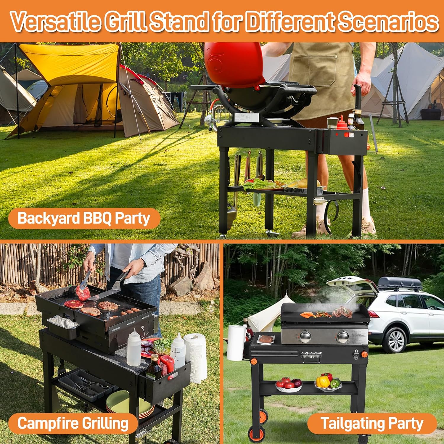 Outdoor Grill Table for Blackstone Griddle 17/22 inch, Blackstone Griddle Stand with Caddy, Folding Grill Cart for Ninja Grills, Movable Food Prep Cart with Wheels for Tailgating, Camping etc.