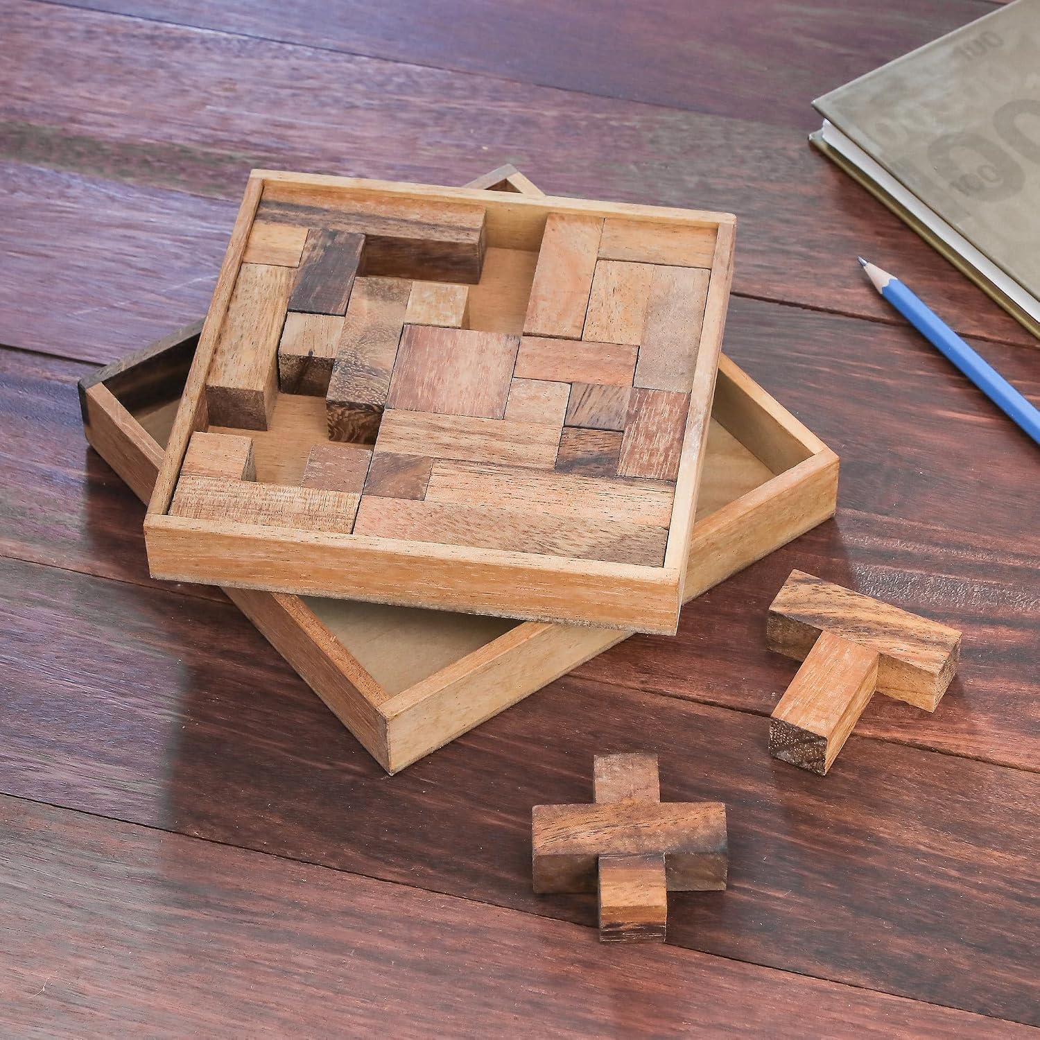 NOVICA Decorative Wooden Game Puzzles, Brown, 'Geometry Game'