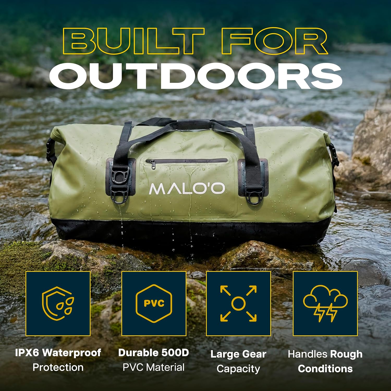 Malo’o Waterproof Dry Duffel, Heavy-Duty Roll Top Waterproof Gear Bag with Shoulder Strap & Molle Loops, Marine Duffel for Kayaking, Boating, Camping, Beach & Travel, Dark Green, 100L - Image 2