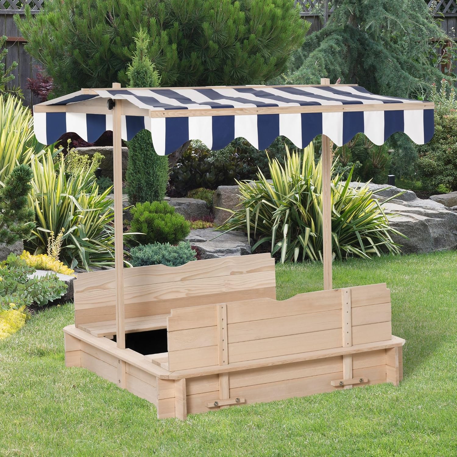 Wooden Kids Sandbox with Cover, Children Outdoor Sand Box with Foldable Bench Seats, Adjustable Canopy, Bottom Liner for Outdoor, Natural