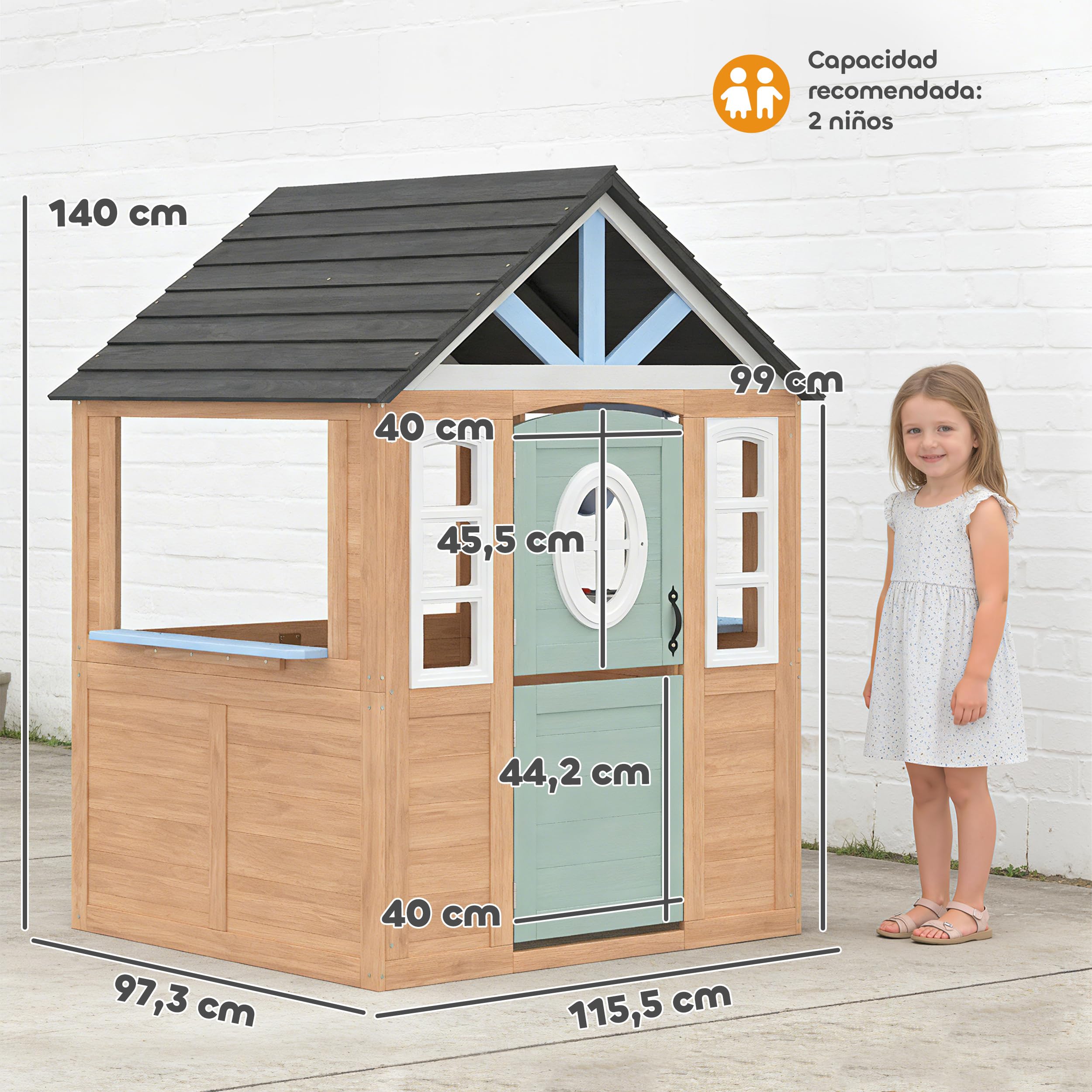 AIYAPLAY Casetta per bambini all'aperto e interno in legno, casetta per bambini, con porta per animali domestici, cucina giocattolo, mezza porta e finestre, casa da giardino per bambini di +2 anni