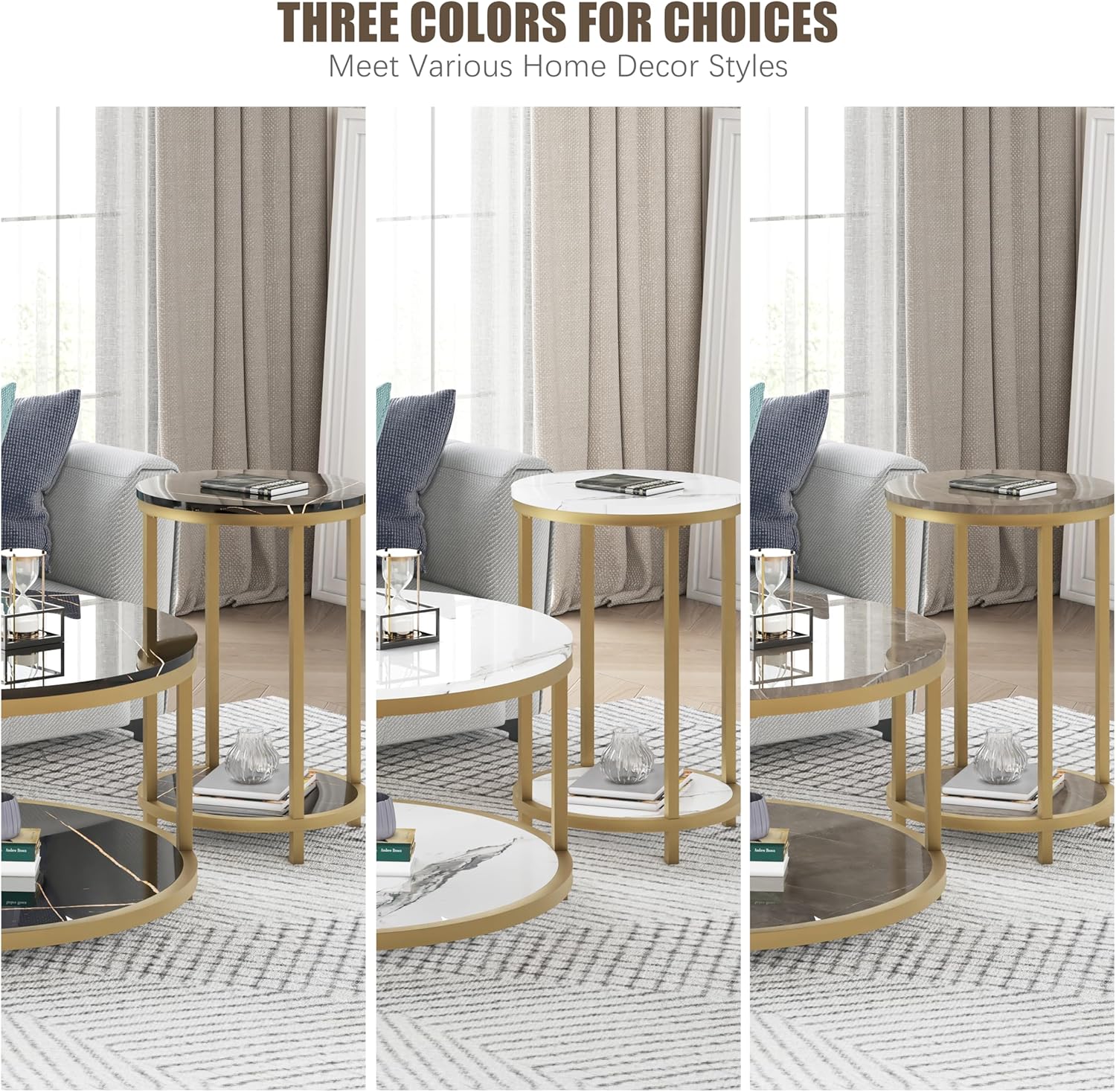 WiberWi Round Coffee Table Side Table Nesting Tables Set of 2, Large : Ø 33.5" Small : Ø 15.8", Modern Coffee Tables for Living Room, Gold Frame Circle Cocktail Table, High Glossy Faux Black Marble