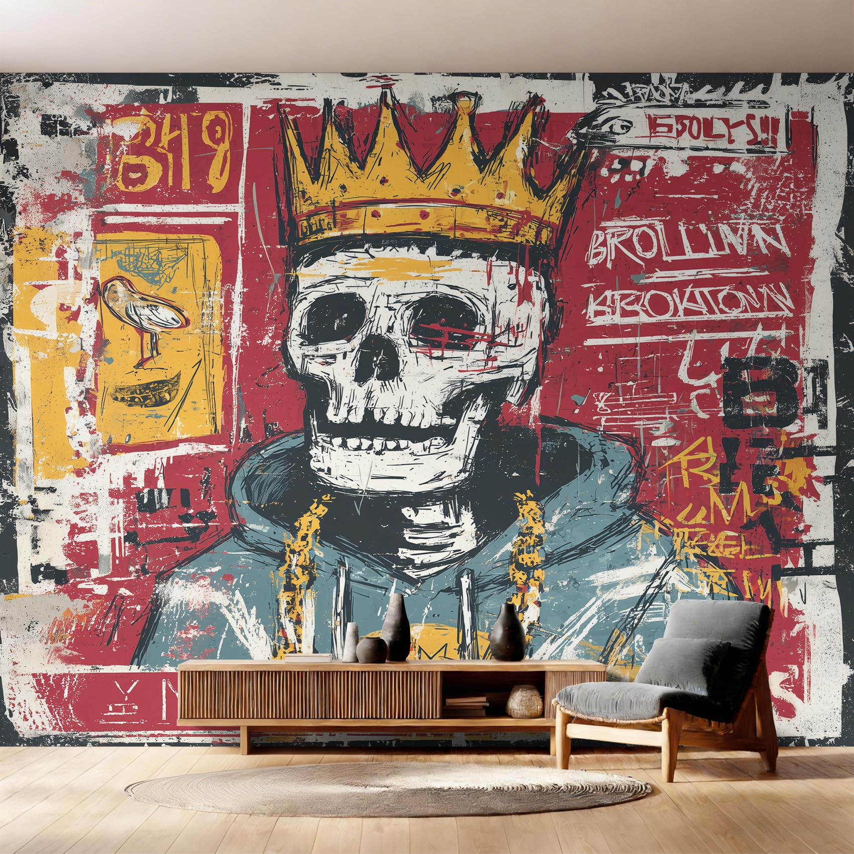 Generico Fotomurali Carta da Parati Teschio Hip Hop, Carta da Parati Camera da Letto Graffiti Colorati Scheletro Soggiorno Decorazioni Parete Tessuto Non Tessuto 280x200 W&95