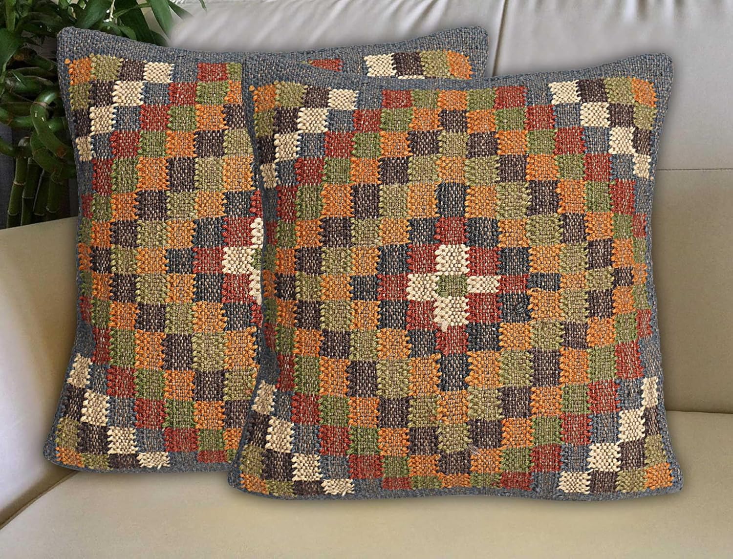 Indian Handmade Decorative Throw Cushion Case 18x18 Inches Square Pillow Case Wool Cushion Cover Kilim Pillow Cover Premium Rug Cushion Case for Home Decor (Pattern 12)