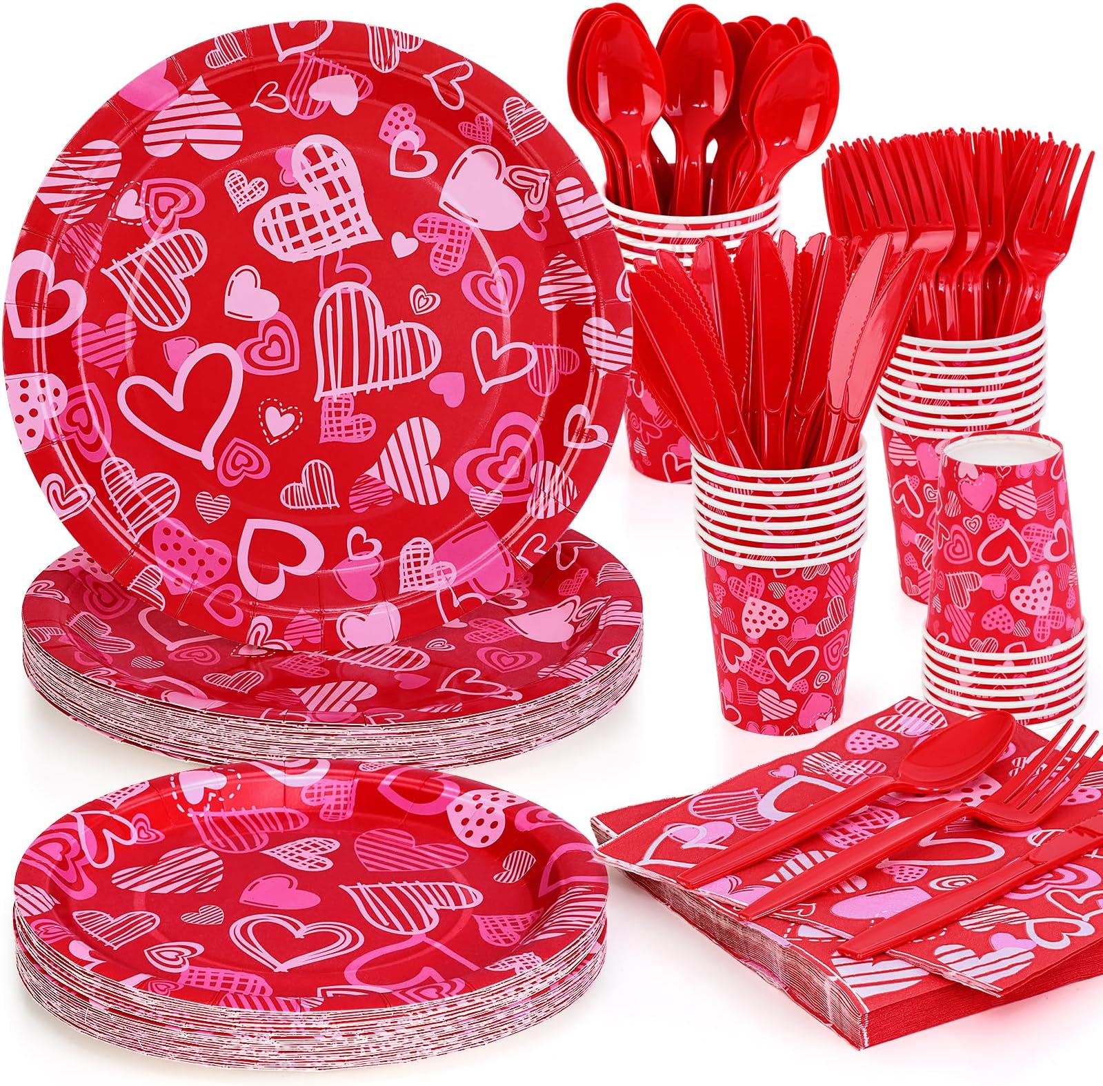 Homlouue 168 PCS Valentine's Plates and Napkins, Heart Paper Plates Napkins for Birthday Anniversary Wedding Party Valentine's Day Engagement Party, Includes Plates Napkins Cups Knife Fork Spoon