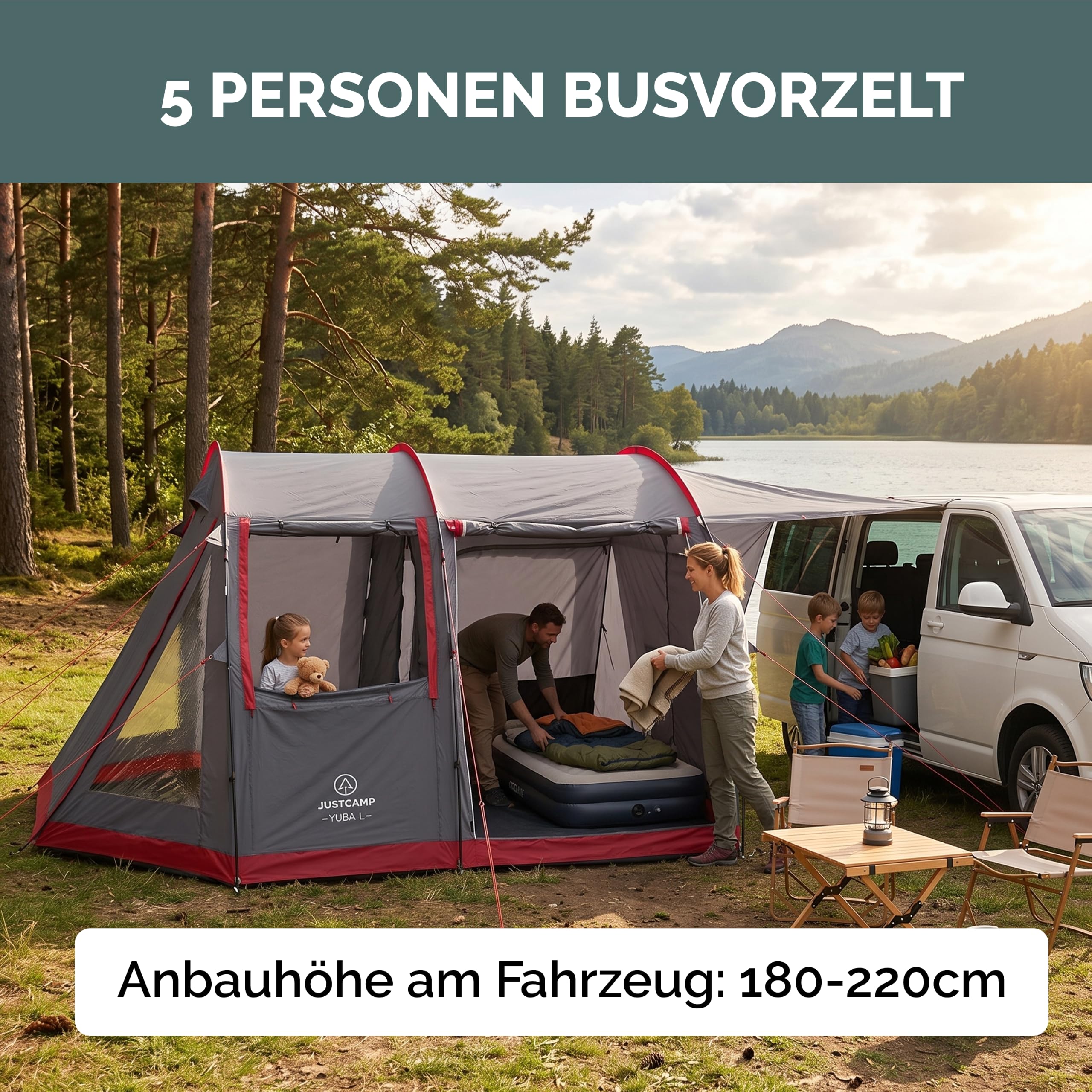 JUSTCAMP Yuba Bus Vorzelt mit Boden (für 4-5 Personen), Keder 5 & 7 mm, Anbauhöhe 180-220 cm