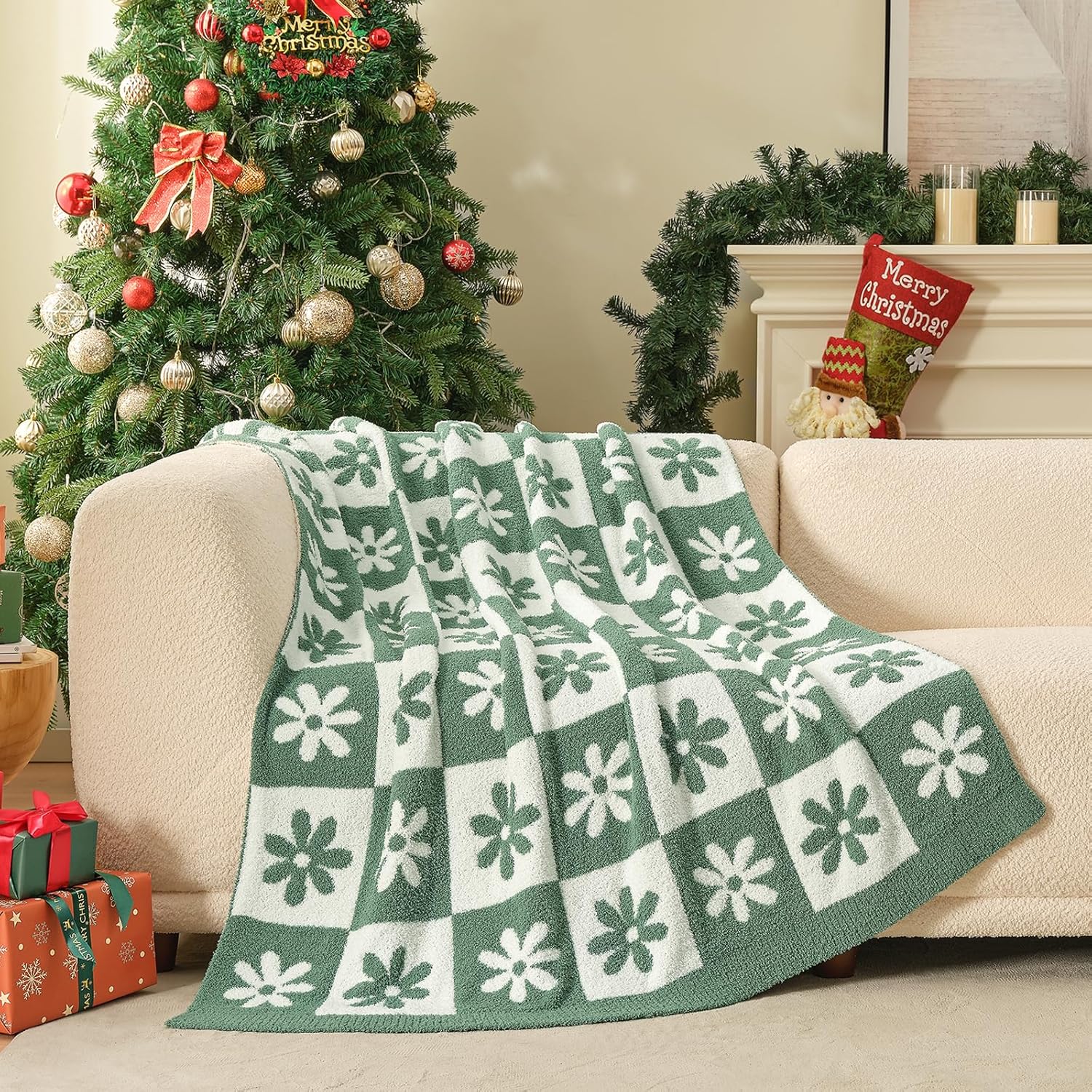Snuggle Sac Checkered Blanket, Green Flower Throw Blanket for Christmas Couch Plaid Microfiber Fluffy Warm Cozy Fuzzy Reversible Checkerered Blankets for Sofa, Chair, Bed, 50x60 inches - Image 2