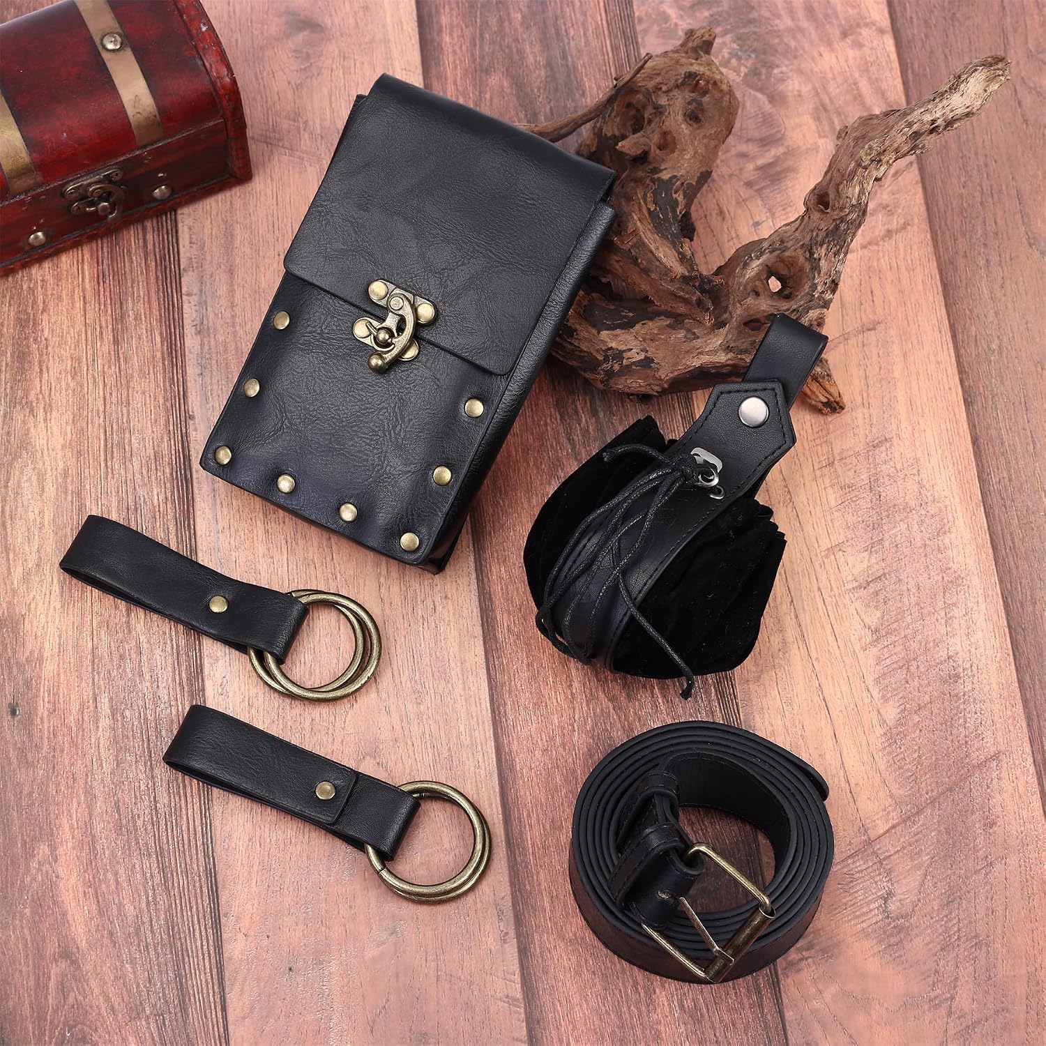 Renaissance Belt Pouch Fanny Pack, Black, Women Men | Medieval Festival Costume, Pirate Costume Accessories, Ren Faire Belt, 1 Belt + 1 Pouch + 1 Bag + 2 Skirt Hikes