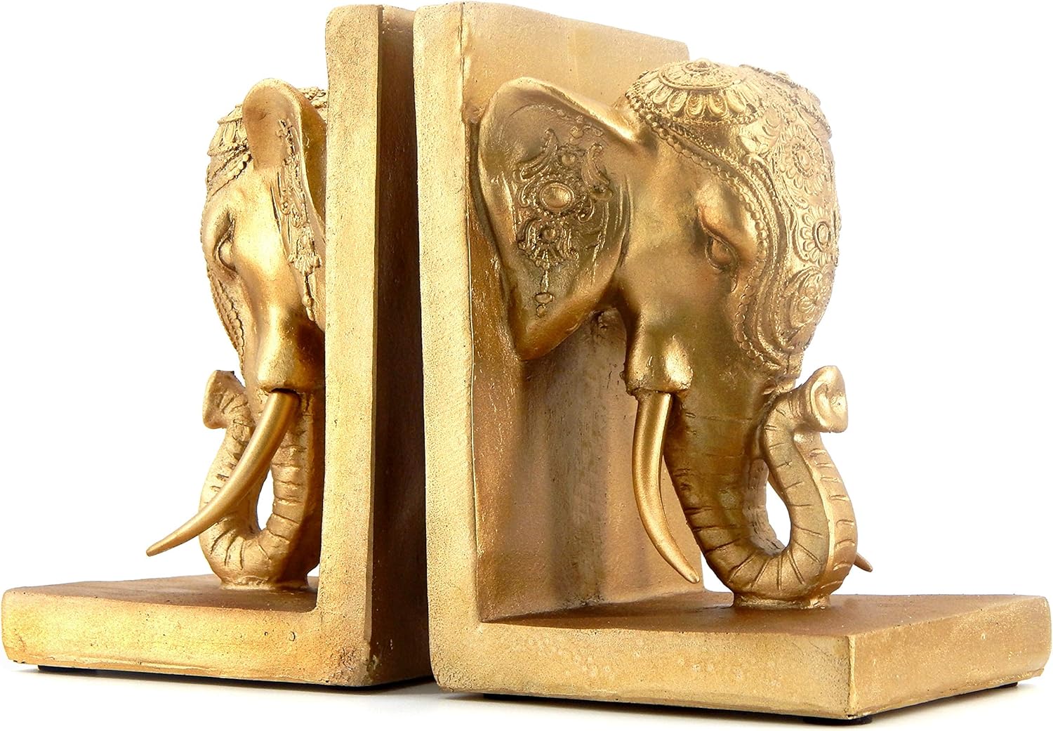 Bellaa 21817 Thai Elephant Bookends Pair - Antique Gold Polyresin 7 Inch Tall Decorative Bookshelf Decor